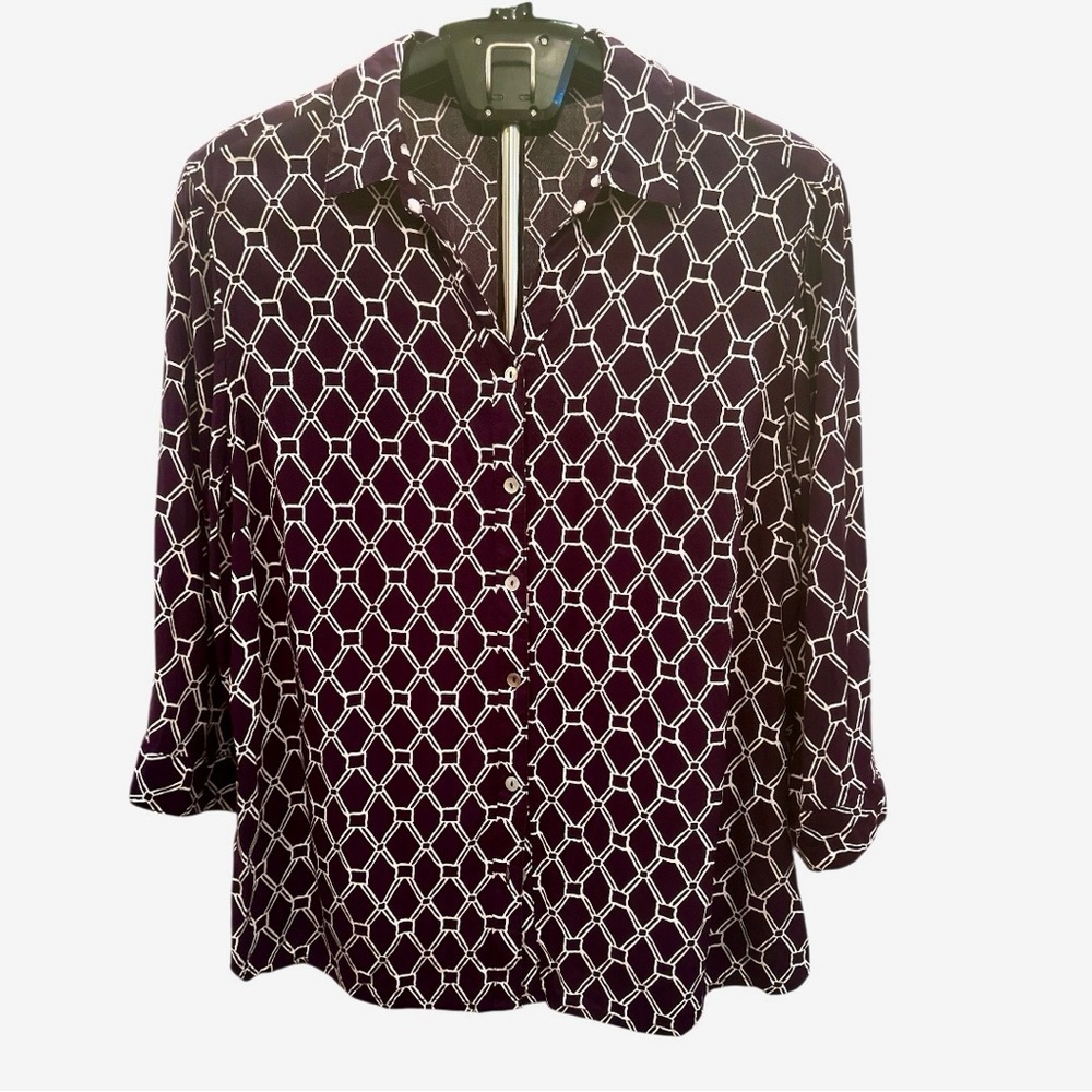 Chico's Navy and White Button Down Shirt with Notched Collar Artsy Summer Sz 3X